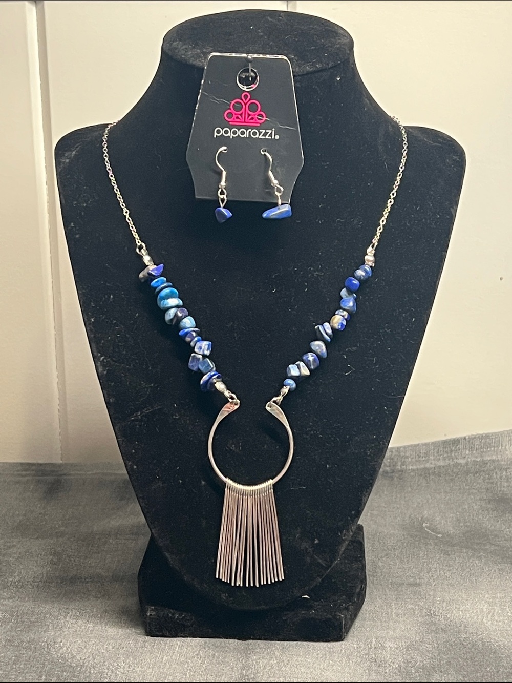 Paparazzi Silver Hoop Fringe Necklace with Cobalt Blue Beads and Earrings